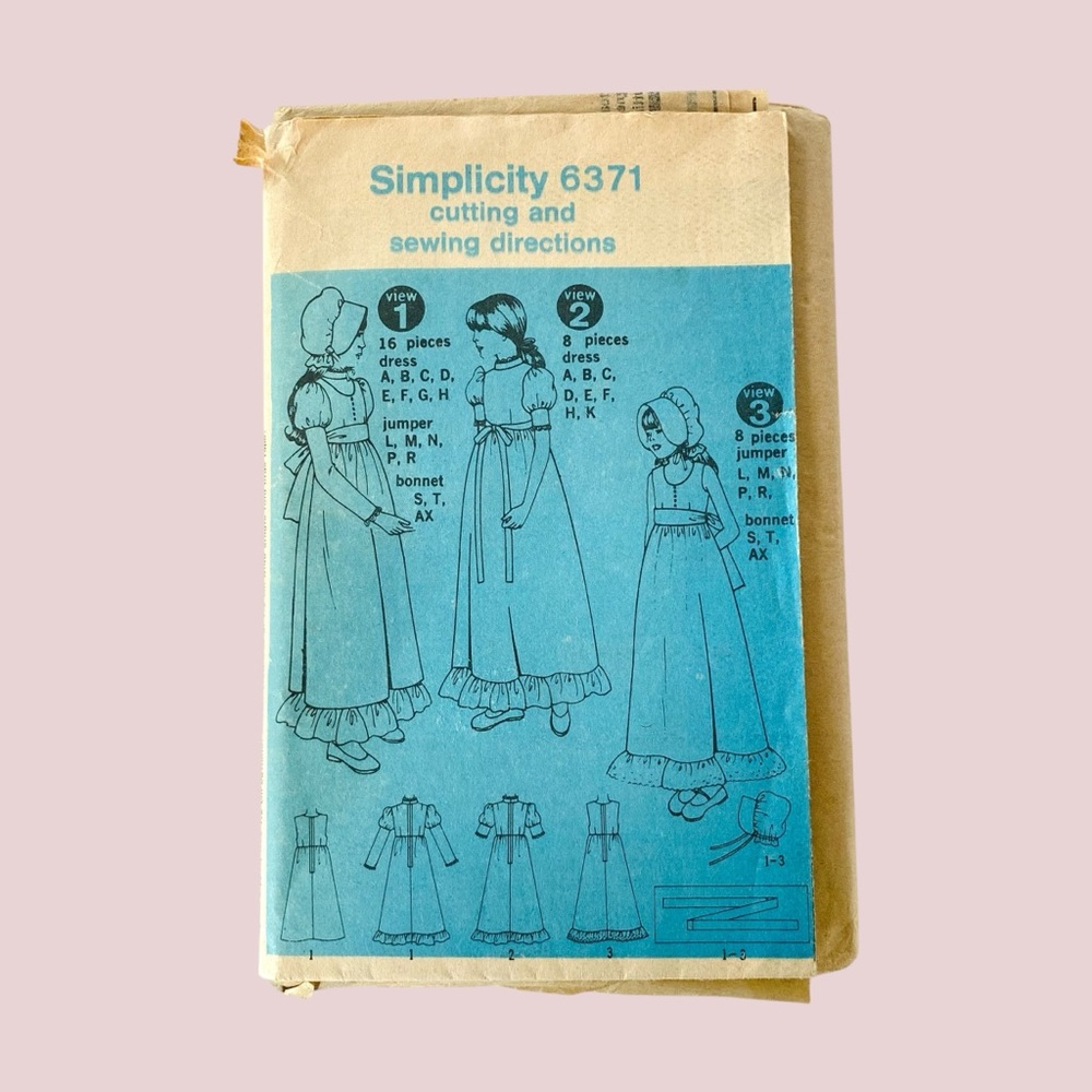 NEW FF Simplicity 6371 Holly Hobbie Prairie Youth Dress Jumper & Bonnet Pattern